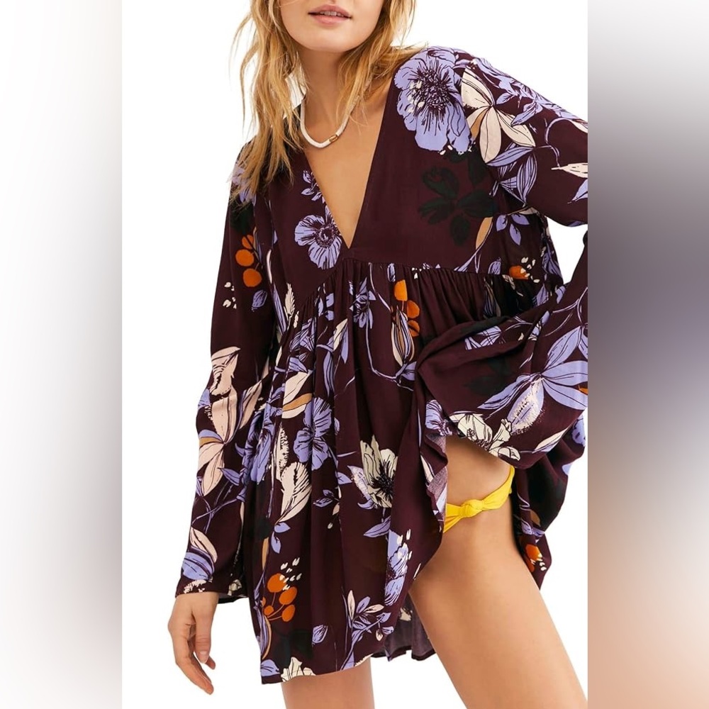 Free People Bella Burgundy Red Floral Tunic Top XS Boho Flowy Blouse